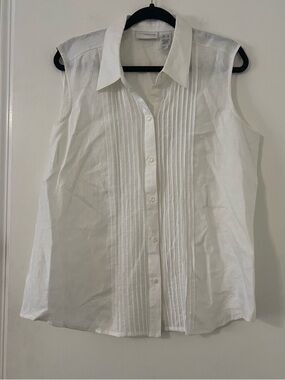 Liz Claiborne Linen Sleeveless White Pintuck Button-Up Top size XL (Z107)